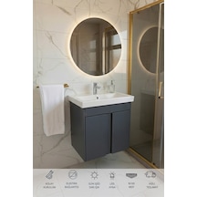 Magma Antrasit 50 Cm, Led Aynalı, Banyo Dolabı Seti, Seramik Lavabo Dahil, Mdf, Led'li Beyaz