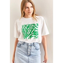 Baskılı Basic Bisiklet Yaka Örme T-shirt Önü Yeşil