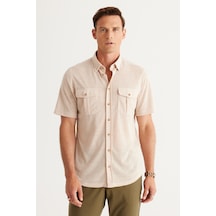 AC&Co / Altınyıldız Classics Erkek Bej Slim Fit Dar Kesim Gizli Düğme Yaka Cepli Kısa Kollu Gömlek