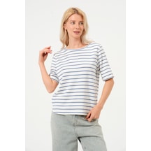 Kadın Çizgili Tişört Oversize T-shirt Beyaz