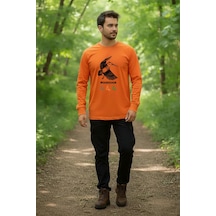 Avcılık Hunter Çulluk Avcılığı Tasarım Baskılı %100 Pamuk Turuncu Bisiklet Yaka Uzun Kollu T-shirt Turuncu