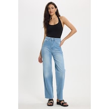 Tudors Kadın Relax Fit Rahat Kesim %100 Pamuk Cepli Geniş Paça Açık Mavi Jean Kot Pantolon-50731