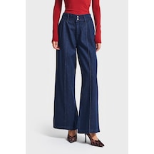 Itsbasic Kadın İndigo Renk 7w5-50 Wide Leg Fit İç Boy 74cm Bol Kesim Viskon Kumaş Kemer Detaylı Denim Jean
