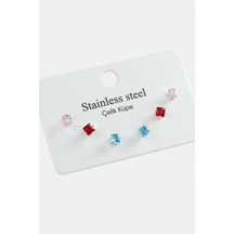 Ilkeshop 6 Adet Kare Zirkon Tek Taşlı Çelik Küpe-renkli çok renkli