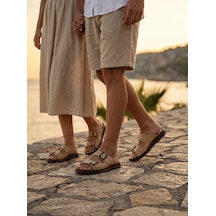 Fame Step Hakiki Deri Unisex Ortopedik Yumuşak Taban Comfort Yazlık Günlük Terlik Çift Terliği Tokalı Bej