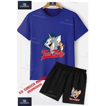 Ss Sinser Çocuk Unısex Tom Ve Jerry Kare Icınde Özel Baskılı Bisiklet Yaka Tişört - Şort Alt - Üst Çocuk Takım Renk:mavı/sıyah