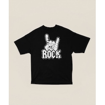 Rock And Roll Baskılı Unisex Oversize Tişört Siyah
