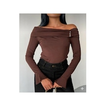 No Brand Taşlı Madonna Yaka İspanyol Kol Dalgıç Kumaş Bluz Kahverengi - 825834967 Kahverengi