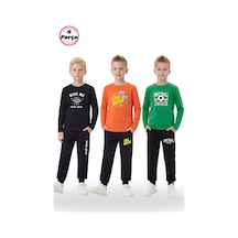 Fyk Kids 3'lü Yuvarlak Yaka Sweatshirt Siyah Eşofmanlı Baskı Detaylı 6 Parça Erkek Çocuk Alt Üst Takım Siyah - Turuncu