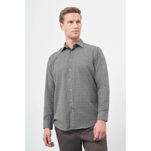 İmza Koyu Haki Uzun Kol Kareli Desen Gabardin Sert Yaka Cepsiz Pamuklu Classic Comfort Fit Gömlek 1004245166 Koyu Haki