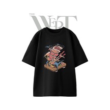 Thewert Sushi Shark Tasarım Baskılı Ünisex Siyah Oversize T-shirt