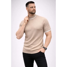 Erkek Fitilli Triko Dokuma Kısa Kol Tişört Yarım Boğaz Modern Yazlık T-shirt - Bej