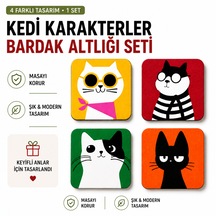 Kedi Desenli Bardak Altlığı Seti 4'lü Ahşap Mdf Dekoratif Kahve Ve Çay Bardak Altlığı Masa Koruyucu Kare Bardak Altlığı Çok Renkli