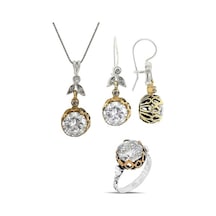 Gümüş Zirkon Tek Taşlı Otantik Üçlü Set