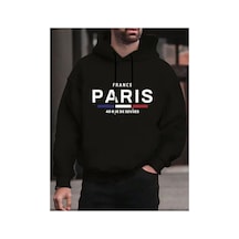 Herkesemoda Paris Yazı Detaylı İçi Polarlı Kapüşonlu Sweatshirt Siyah