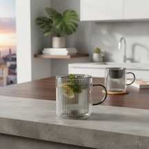 250 Ml Çift Cidarlı Borosilikat Cam Kupa - Antrasit Detaylı, Dikey Çizgili Isıya Dayanıklı Kahve Ve Çay Bardağı Aeropress