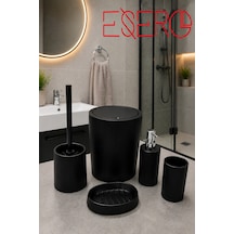 Mat Siyah 5'li Banyo Aksesuar Seti Modern Çizgili Tasarım Çöp Kovası, Wc Fırçası, Sıvı Sabunluk, Diş Fırçalık, Sabunluk