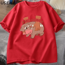 Flood Of Style Moo Deng Meme T Shirt Komik I Love Moo Deng Tee Hippo Sevgilisi T-shirt Pamuk Kısa Kol Kırmızı