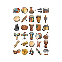 30 Adet Vurmalı Müzik Aletleri Sticker Seti - Laptop, Defter, Telefon Çok Renkli