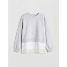 Lc Waikiki Gri Bisiklet Yaka Dantel Detaylı Kız Çocuk Sweatshirt