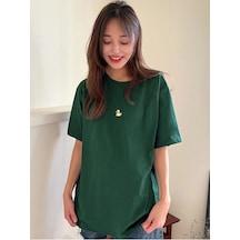Ördek Minimal T-shirt - Yeşil Oversize Baskılı Bisiklet Yaka Yeşil