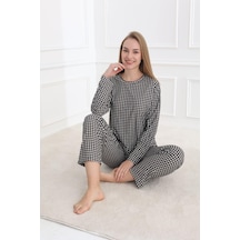 Pemilo 20502-318 Uzun Kol Süet Kadın Pijama Takımı - Siyah-Beyaz Beyaz - Siyah