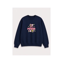 Herkesemoda Power Girl Çiçek Baskı Detaylı Şardonlu 2 İplik Bisiklet Yaka Sweatshirt Lacivert