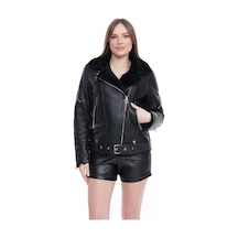 M M Marki Marki Kadın Siyah Hakiki Deri Ceket, Kruvaze Yaka, Kemerli Biker Model, Içi Kürklü - 109422