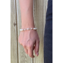 6,5 Mm Yaprak Taşlı Doğal İncili Bileklik 22 Cm / Rose Rose Pembe Altın
