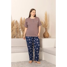 Sude Kadın Büyük Beden Düğme Yaka Penye Likralı Kısa Kol İnce Pijama Takımı P284 - 1 Adet Kahverengi