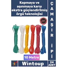 Çamaşıripi Sağlam Dayanıklı Renkli Örgülü Kopmaz Kaliteli Balkon 10 Metre Naylon Çamaşır İpi 24'lü Çok Renkli