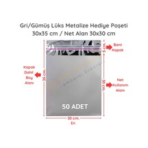 30x35 Cm Gümüş Renk Bantlı Lüks Metalize Hediyelik Poşet 50 Adet