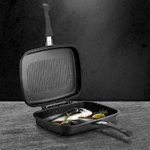 Döküm Granit Çift Taraflı Grill Tava Silikon Contalı 36 X 26 Cm Siyah