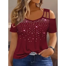 Veraura Lifestyle Kadın Kısa Kollu Omuzlardan Açık Taşlı Viskon Bluz bordo