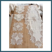 Bezos Salon Takımı Çeyizlik Krem Runner Set 5 Parça Keten Ranır Masa Konsol Sehpa Örtüsü Lady Ob