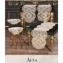 Salon Takımı 5 Parça Dantelli Masa Örtüsü Runner Seti Alya Model No124 - Gold Altın