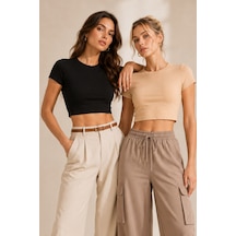 Loule Kadın 2'li Bisiklet Yaka Kısa Kollu Crop Top Siyah-bej %92 Pamuk Siyah - Bej