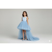 Star Kids Fashion Kız Çocuk Mavi Kuyruklu Saten Elbisesi,kız Çocuk Mezuniyet Elbisesi ,abiye Elbisesi
