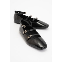 Luvishoes Luvi Shoes Glımmer Siyah Rugan Hakiki Deri Bilekten Bağlamalı Küt Burun Kadın Babet Ayakkabı Siyah Rugan