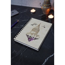 A5 Spiralli Galata Kulesi Desen Ahşap Defter - Ajanda - Günlük - Çizgisiz Defter Ahşap Rengi Banu Pembe