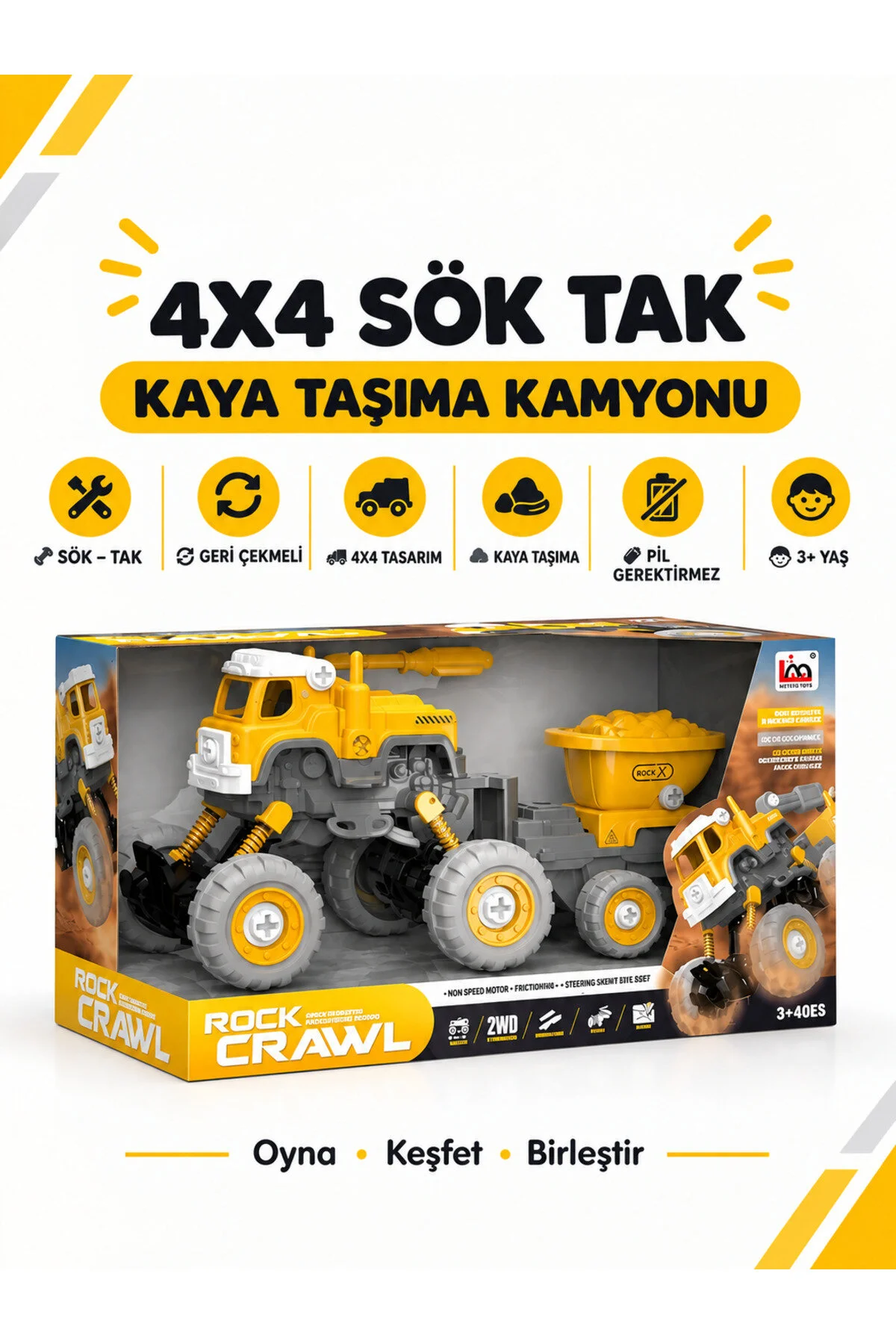 4x4 Geri Çek-bırak Kaya Taşıma Kamyonu Dıy Oyuncak Seti, 25+ Sök-tak Parça