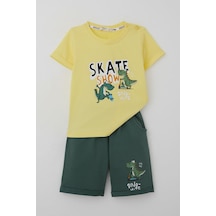 Breeze Erkek Çocuk Şortlu Takım Paten Gösterisi Yapan Dinozor Baskılı 1-4 Yaş, Sarı Sarı