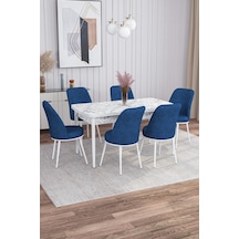 Rovena Marin Beyaz Mermer Desen 80x132 Açılabilir Mutfak Masası Takımı 6 Adet Sandalye Lacivert 3385