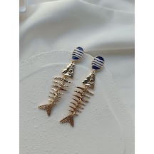 Gold Mavi Detaylı Balık Küpe Altın