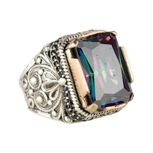925 Ayar Gümüş Yüzük, Doğal Olmayan Mystic Topaz Taşlı Gümüş Yüzük, Mystic Topaz Gümüş Erkek Yüzük Özelleştirilebilir Gümüş