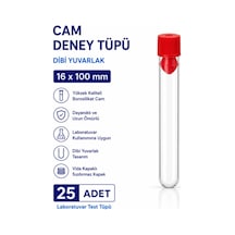 16x100 Mm Cam Deney Tüpü Dibi Yuvarlak Kapaklı 25 Adet Laboratuvar Test Tüpü