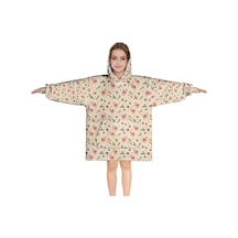 Noel Temalı 6-13 Yaş Çocuk Giyilebilir Battaniye Hoodie, Kalın Peluş, Büyük Boy-a135 Krem - Pembe