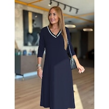 Veraura Lifestyle Kadın Uzun Kollu V Yakalı Midi Çağla Yeşili Modal Elbise Lacivert
