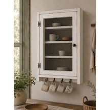 Eskitme Beyaz Tel Kapaklı Ahşap Duvar Dolabı 45x60 Cm Country Rustik Mutfak Dolabı, Kahve Köşesi Fincanlık, Kup Diğer
