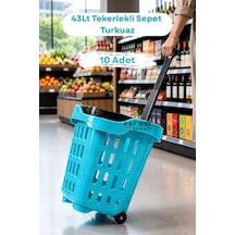 10 Adet - 43 Lt Tekerlekli Market Sepeti Plastik Alışveriş Sepeti Ergonomik Çift Saplı Turkuaz
